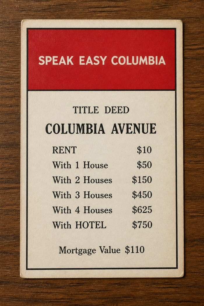 Speak Easy Columbia — Monopoly title deed card