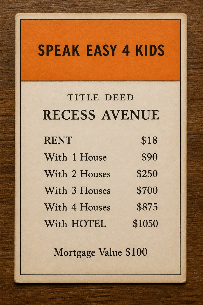 Speak Easy 4 Kids — Monopoly title deed card